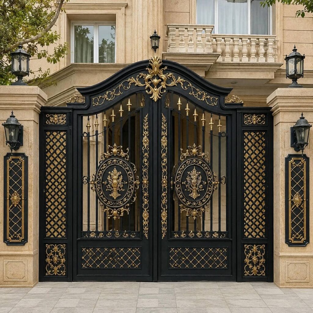 خدمات نصب درب پارکینگ مشکی طلایی قاب‌دار